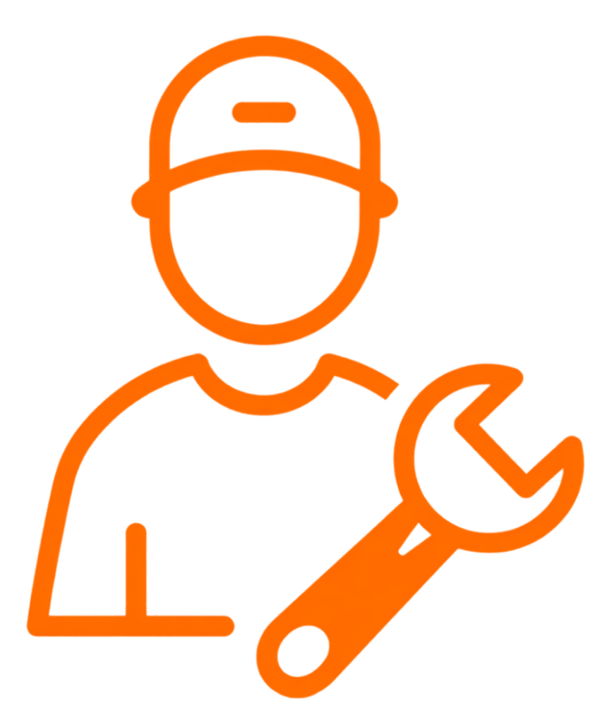 Orange worker wearing cap holding wrench icon